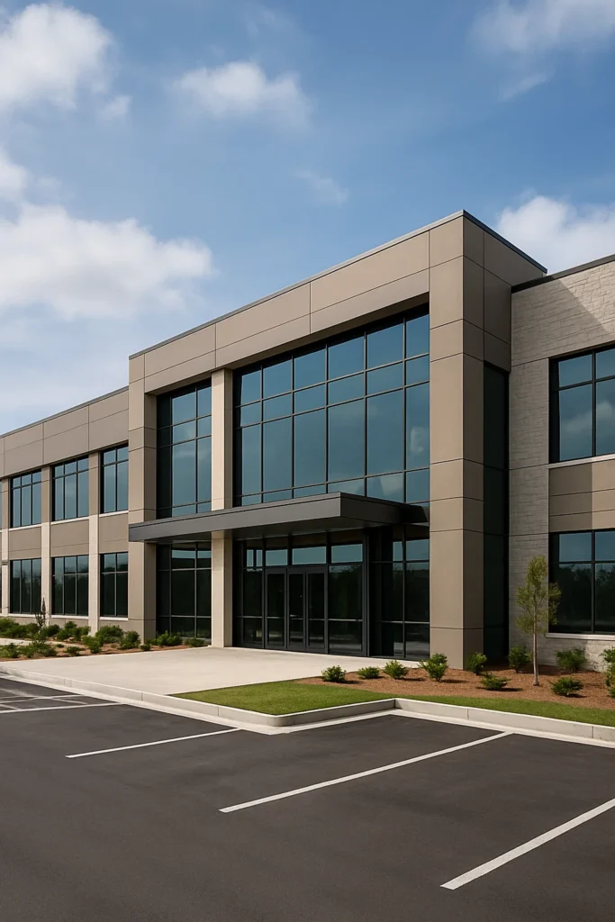 Udvendig visning af et moderne erhvervslokale med store glaspartier og en tom parkeringsplads foran, under en blå himmel med lette skyer.